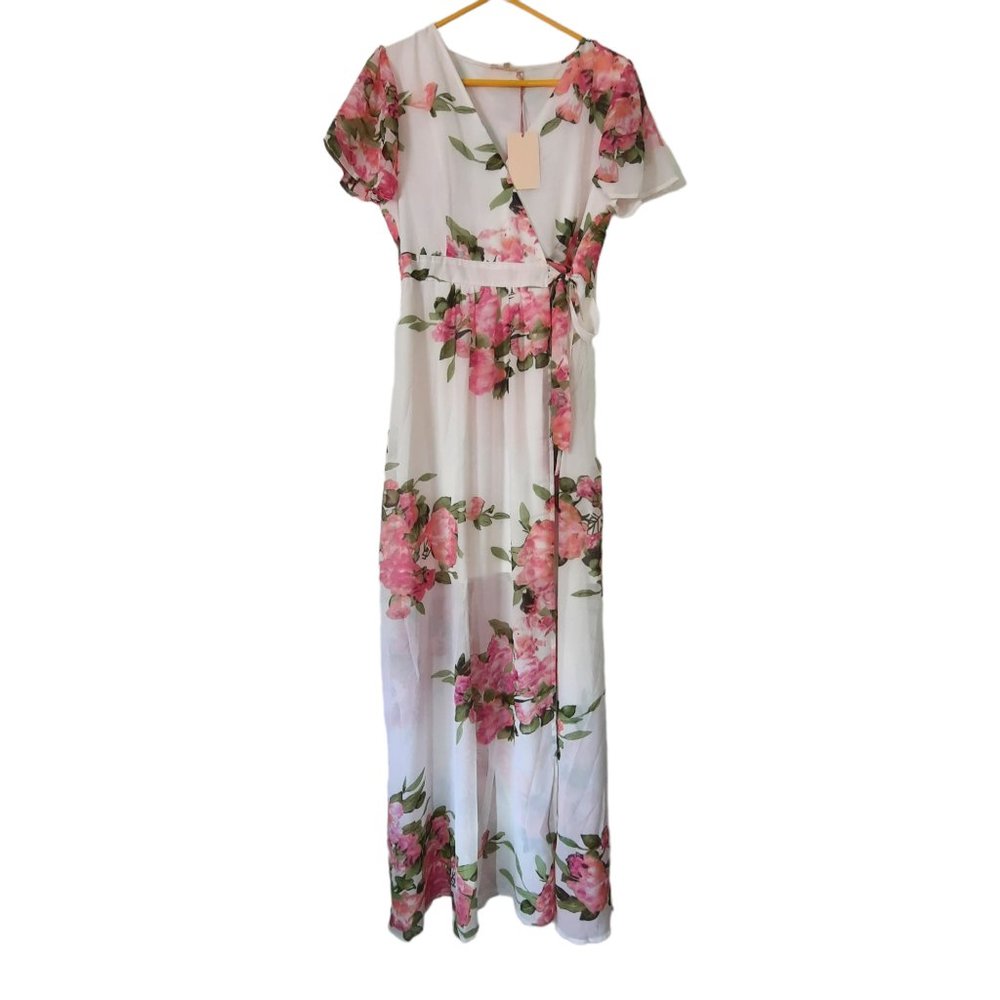 Entro Floral Wrap Maxi Dress Pink Roses White Sheer Wedding Easter Romance L